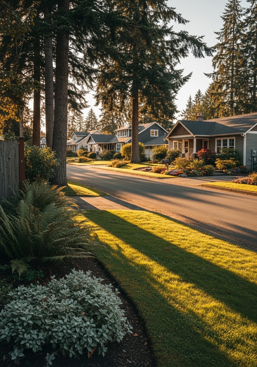 Oak Harbor residential street lined with established homes and island vegetation.