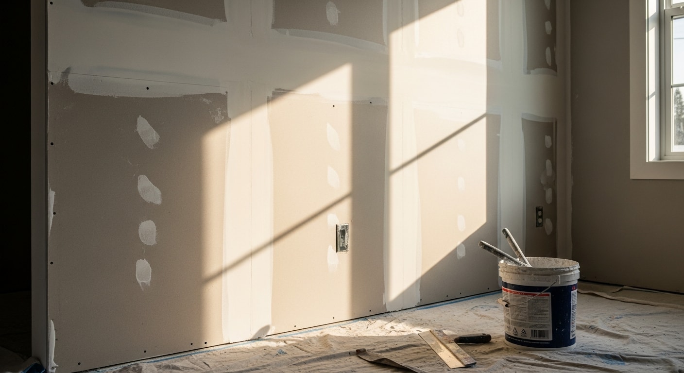 A freshly finished drywall wall in an Oak Harbor residential room, showing smooth, seam-free surfaces ready for paint. A Rio Vista Contracting crew member sands a taped joint along a corner in a single-family home interior.