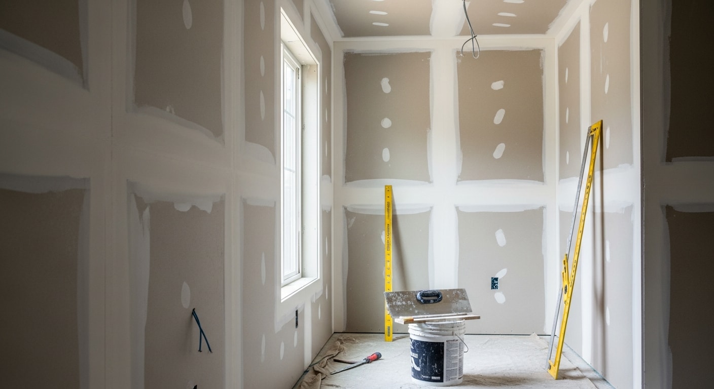 A freshly finished drywall installation in an Oak Harbor home interior, showing smooth taped and mudded walls ready for paint. The room is a new addition with clean corner bead work and uniform ceiling panels.