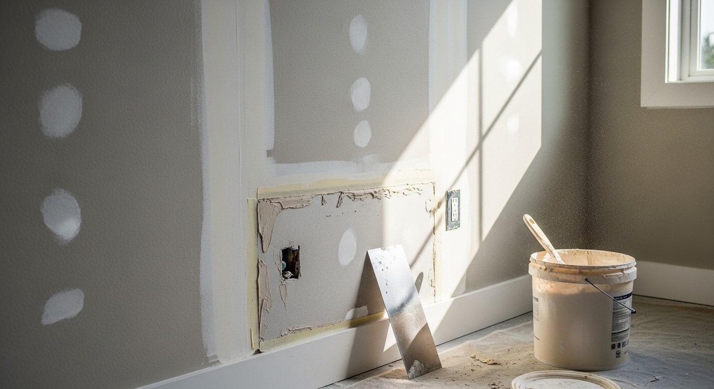 A freshly patched and smoothed interior wall in an Oak Harbor home, with the repaired section blended to match the surrounding drywall texture. The wall is prepped and ready for paint after a professional drywall repair by Rio Vista Contracting.