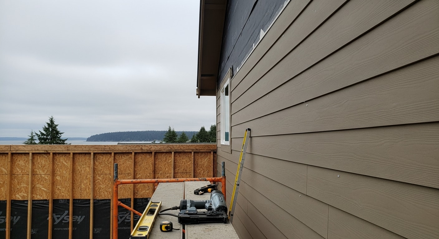 A two-story Oak Harbor home with newly installed exterior cladding covering the full front and side walls, showing clean panel lines and finished trim around windows. The surrounding yard reflects a typical Island County residential property with mature trees and a concrete driveway.