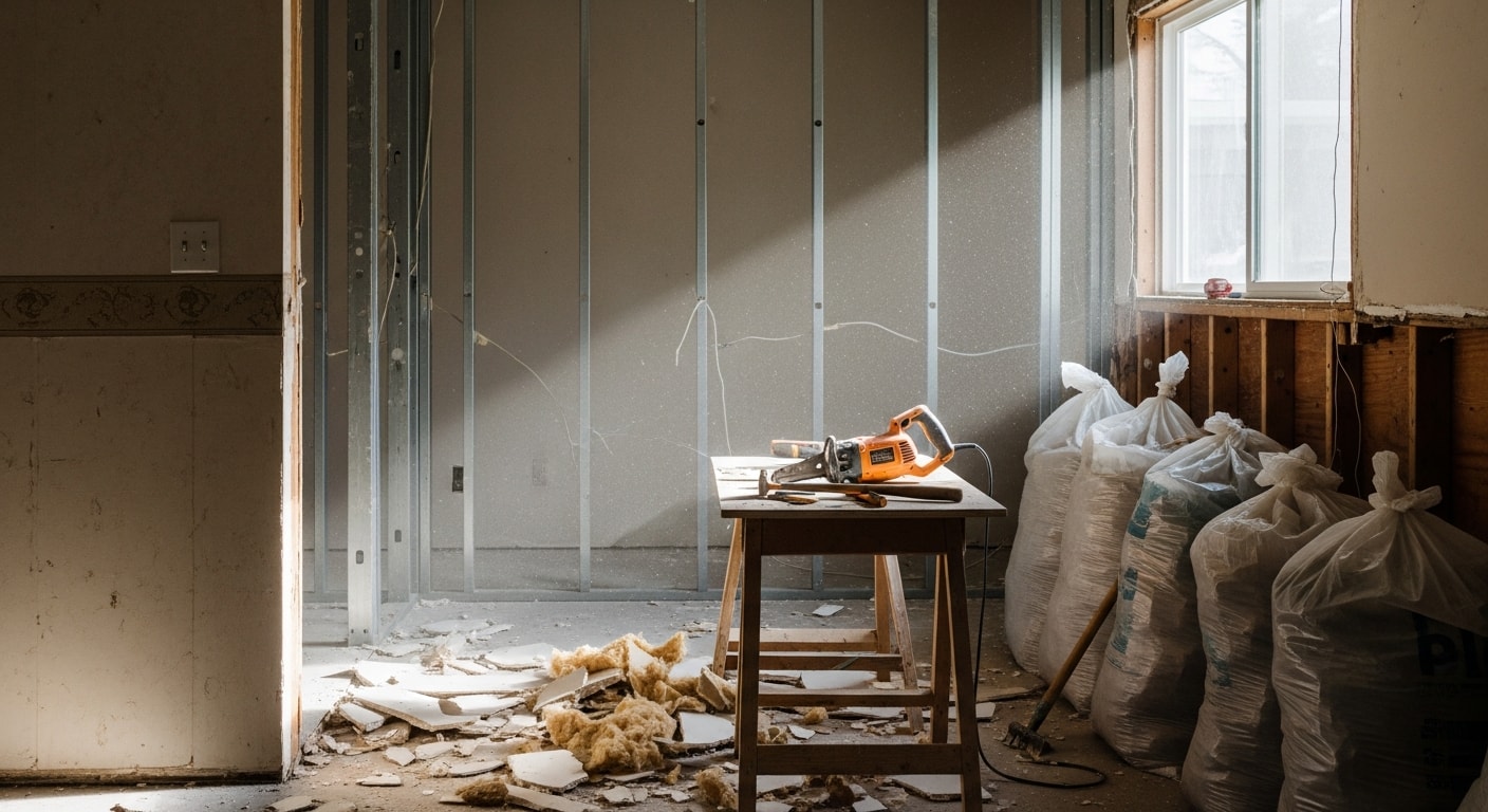 Interior demolition in progress inside an Oak Harbor home, with walls stripped to the studs and flooring removed in preparation for a full remodel. A clean, debris-free work area shows the space ready for the next phase of construction.