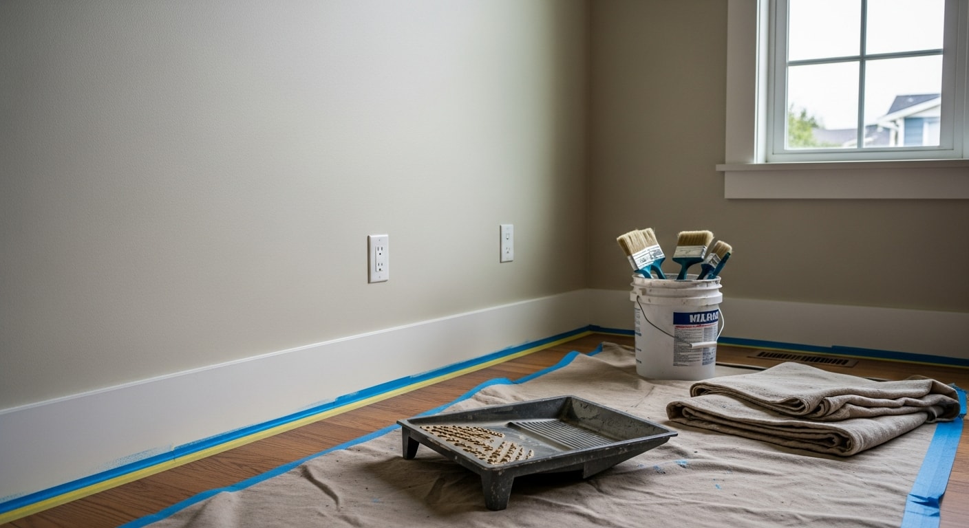 Interior living room of an Oak Harbor, WA home with freshly painted white walls, clean trim lines, and natural light coming through the windows. A painting contractor's drop cloths and tools are visible near the baseboards, showing active prep work in progress.