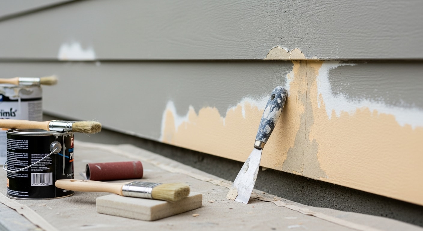 A painter on a ladder sanding and scraping weathered exterior siding on a single-family home in Oak Harbor, Washington, with bare wood and patched areas visible before priming.