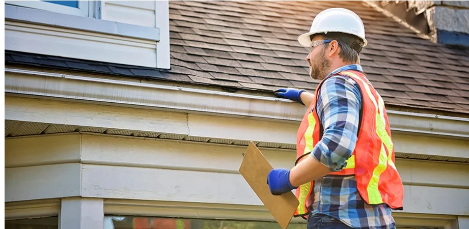 A Rio Vista Contracting roofer inspecting shingles and flashing on a residential roof in Oak Harbor, Washington. The image shows close-up details of the roof surface with overcast Pacific Northwest skies in the background.