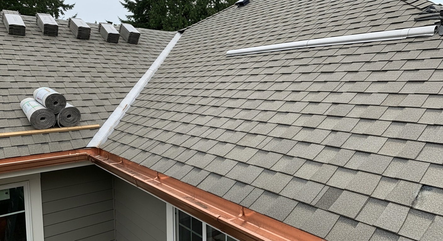A completed residential roofing installation on a single-family home in Oak Harbor, Washington, showing new roof layers against a coastal Pacific Northwest sky. The finished roof covers a wood-framed home typical of Whidbey Island neighborhoods, with clean ridge lines and uniform shingle courses.