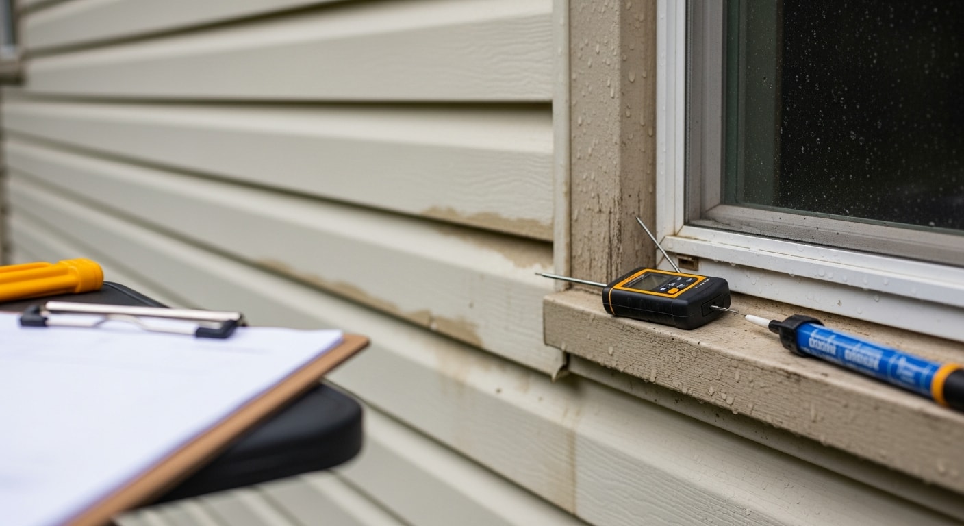 A Rio Vista Contracting inspector examining the exterior siding panels and window trim on a single-family home in Oak Harbor, WA. Close-up view shows a gloved hand pressing along a panel seam to check for moisture damage and fastener failure.