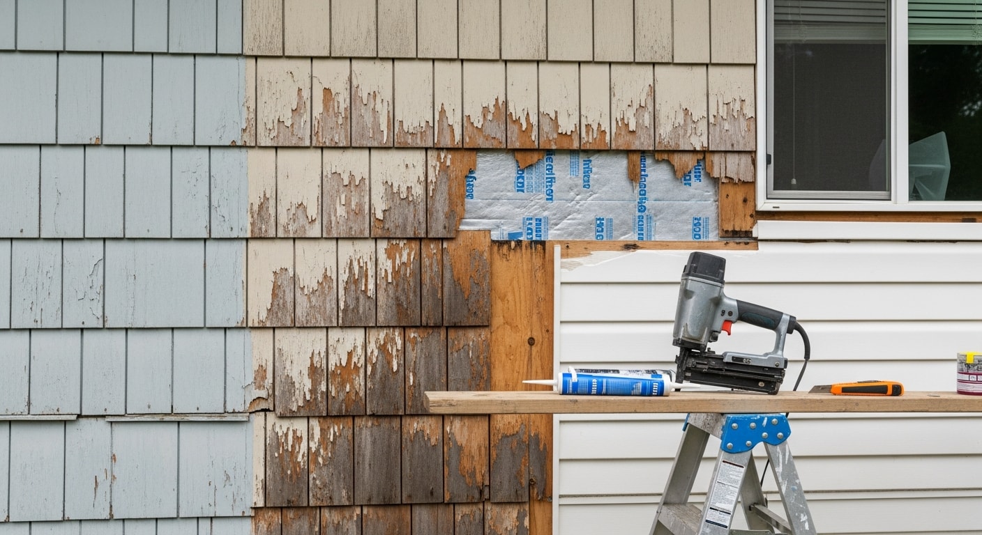 A contractor replacing damaged siding panels on a single-family home in Oak Harbor, Washington, with repaired sections flush against the existing exterior wall. The home's wood-framed structure is visible where rotted material has been removed prior to new panel installation.