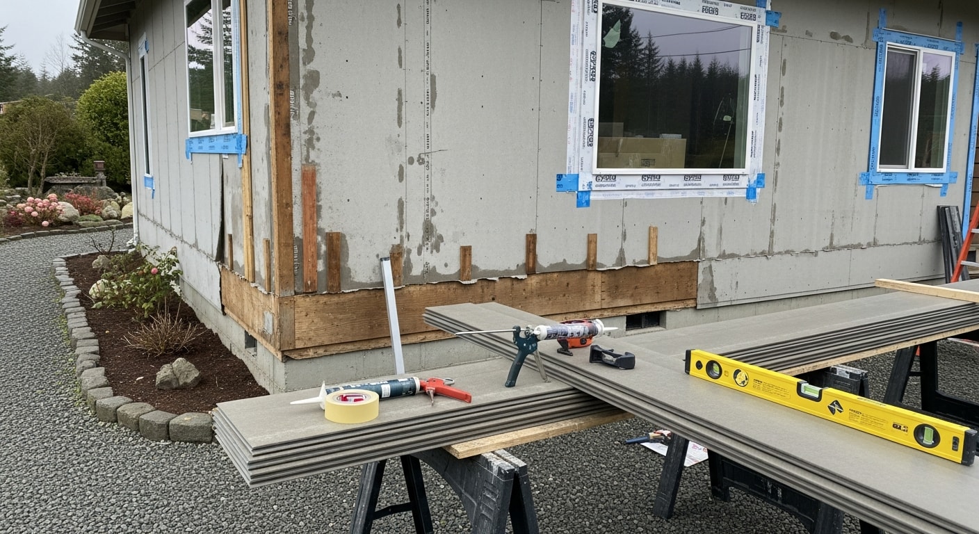 A freshly sided single-family home in Oak Harbor, Washington with new exterior panels installed around the windows and along the front facade. The completed siding replacement shows clean trim lines and uniform coverage typical of residential work on Whidbey Island.