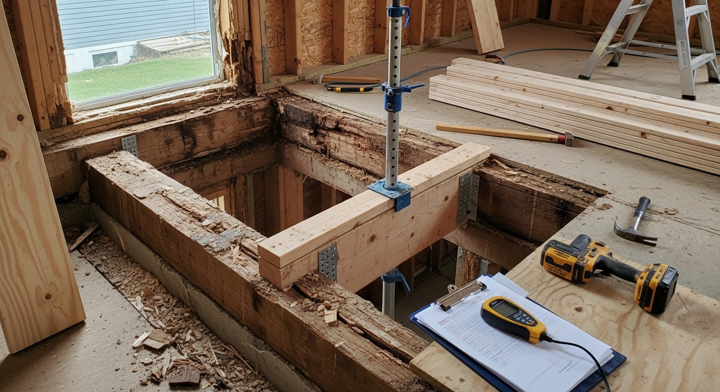 A general contractor inspecting and repairing a damaged floor joist and beam system inside a crawl space of a residential home in Oak Harbor, Washington. Exposed framing shows signs of moisture damage being addressed during a structural repair project.