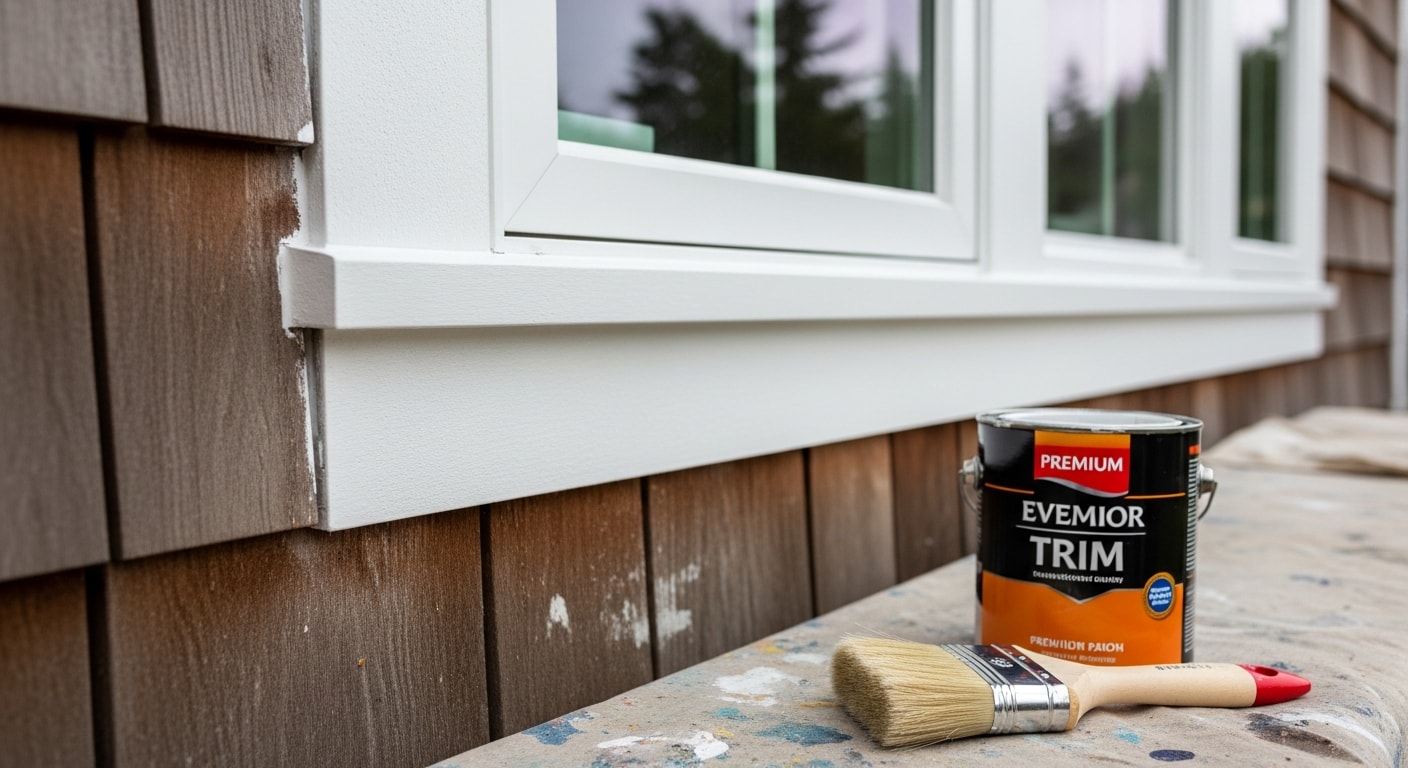 A freshly painted white trim frame around a window on a single-family home in Oak Harbor, Washington, with clean edges and no peeling. Close-up view showing sharp lines where the trim meets painted wood siding on a residential exterior.